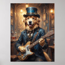 Edler Golden Retriever spielt Gitarre in der Kneip