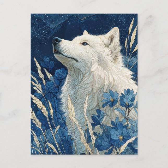 Edler Weißer Wolf im Mitternachtsblauen Garten Postkarte (Vorderseite)