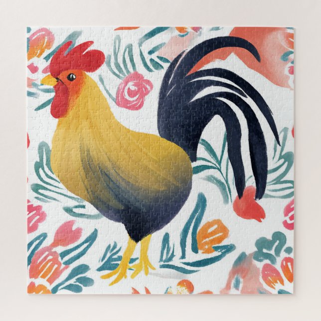 Edna the Rooster | Watercolor Floral Chicken Puzzle (Vertikal)