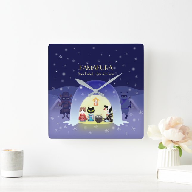 Edo-Nekos Snowy-Feier Quadratische Wanduhr (Zuhause)