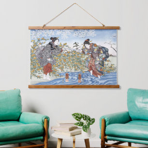 Edo-Zeit-Ukiyo-e-Frauen Blauer Fluss Gelbe Blumen Wandteppich Mit Holzrahmen