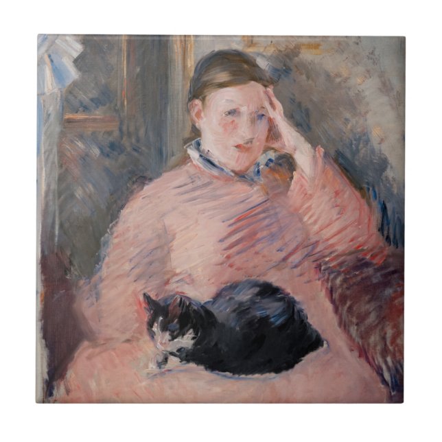 Edouard Manet - Frau mit Katze Fliese (Vorderseite)