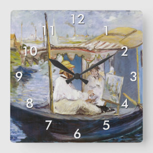 Edouard Manet - Monet in seinem Studioboot Quadratische Wanduhr