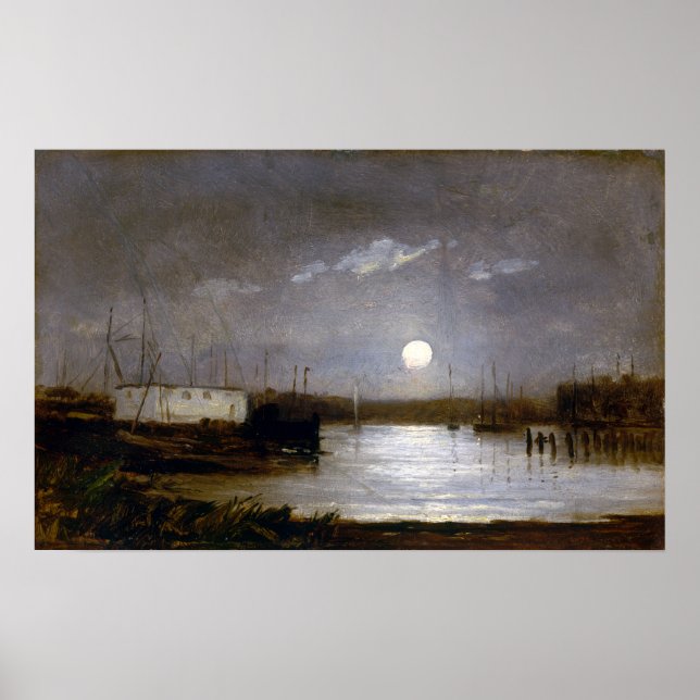 Edward Mitchell Banister Moon über einem Hafen Poster (Vorne)