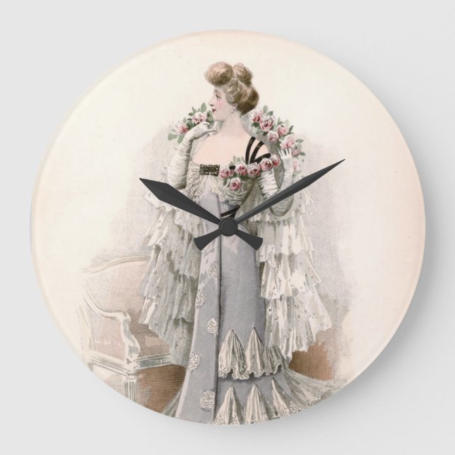Edwardian Lady mit Rose Vintage Mode Große Wanduhr (Vorderseite)