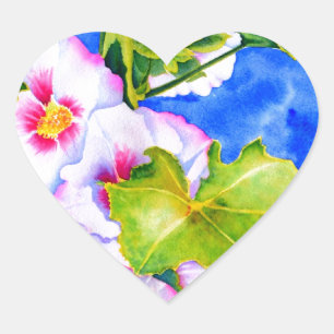 Eelgant Rosa Aquarellblüte Hollyhocks Herz-Aufkleber