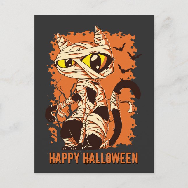Eerie Mummy Cat Happy Halloween Postkarte (Vorderseite)