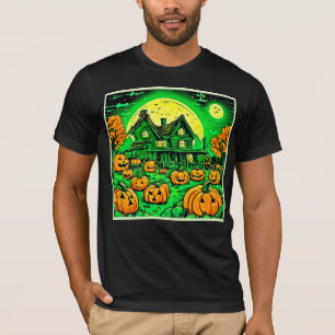 Eerie Nightfall: Halloween Cartoon Pumpkin Patch T-Shirt