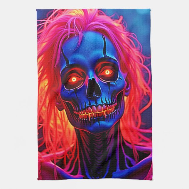 Eerie Skeleton mit rosa Haarentwerfen Geschirrtuch (Vertikal)