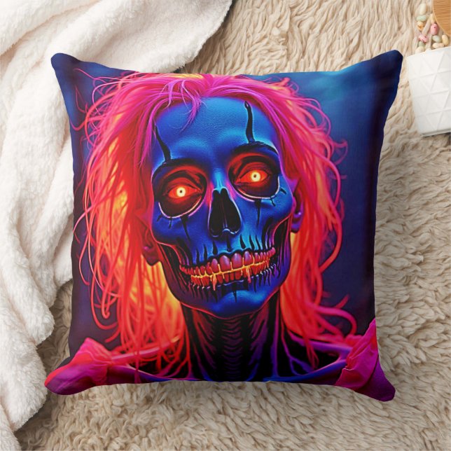 Eerie Skeleton mit rosa Haarentwerfen Kissen (Decke)