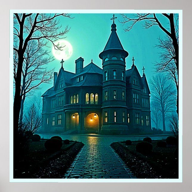 Eerie Viktorianisch Mansion Moonlight Poster (Vorne)