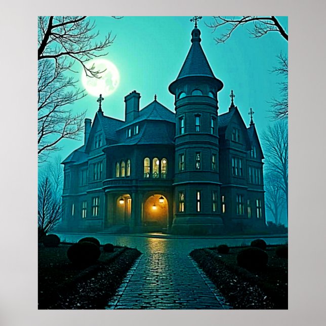 Eerie Viktorianisch Mansion Moonlight Poster (Vorne)
