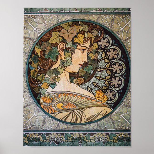 Efeu-Haar-Mädchen-Gemälde von Alphonse Mucha Poster (Vorne)
