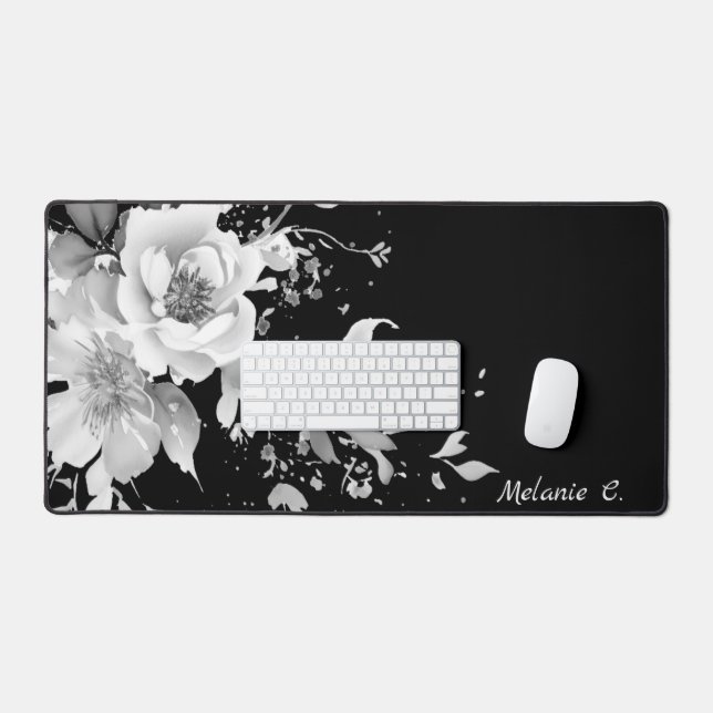 Efforless Elegance Black & White Floral w/ Name Schreibtischunterlage (Tastatur & Maus)