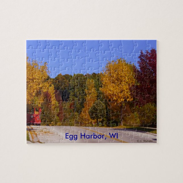 Egg Hafen, WI Herbstsaison mit Trolley Car Puzzle (Horizontal)