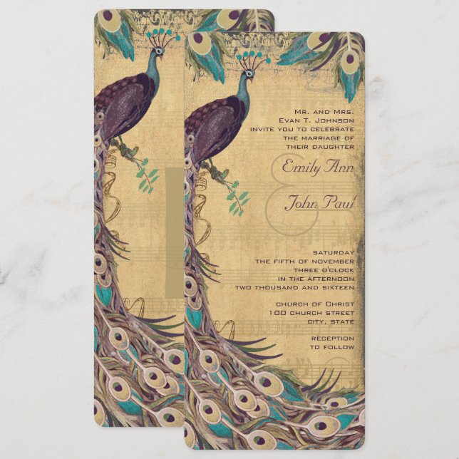 Eggplant Aqua und Gold Peacock Vintag 3 Feathers Einladung (Vorne/Hinten)