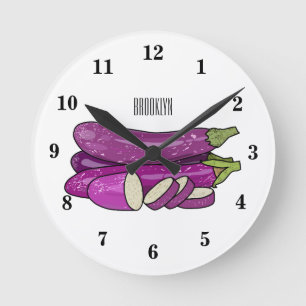 Eggplant Cartoon-Abbildung Runde Wanduhr