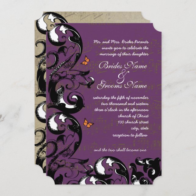 Eggplant Gold Metallic Butterfly Swirl Wedding Einladung (Vorne/Hinten)