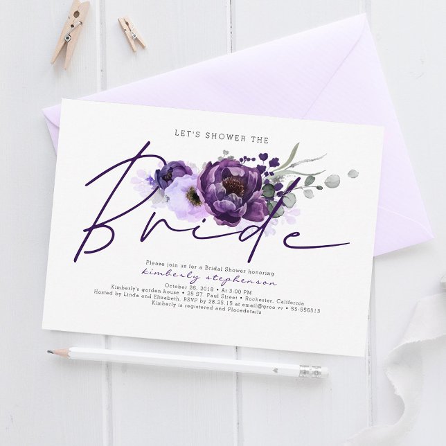 Eggplant Lila Blumenkalligrafie-Brautparty Einladung (Purple Flowers Boho Bridal Shower Invitations)