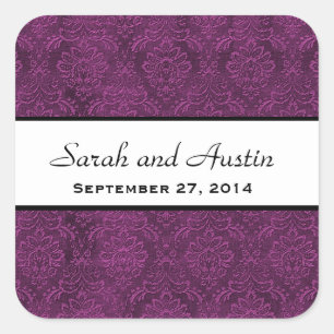 Eggplant Lila Damask Save the Date Wedding V05 Quadratischer Aufkleber