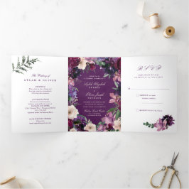 Eggplant Lila florale Tri-Fold Hochzeitseinladung Dreifach Gefaltete Einladung