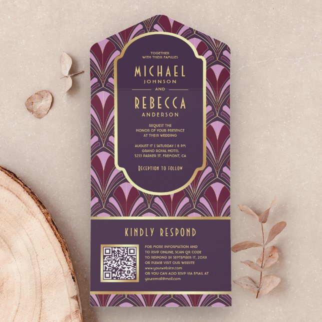 Eggplant Lila Gold Art Deco QR Code Hochzeit All In One Einladung (Von Creator hochgeladen)