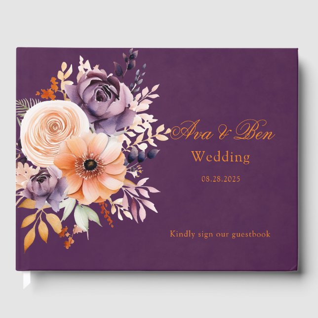 Eggplant Lila Orange Floral Wedding Gästebuch (Vorderseite)