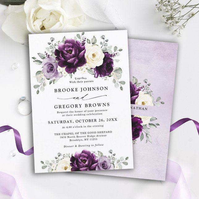 Eggplant Lila Plum Elfenbeinblütenhochzeit Einladung (Eggplant purple plum ivory floral wedding invitation)