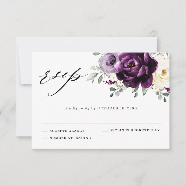 Eggplant Lila Plum Elfenbeinblütenhochzeit RSVP Karte (Vorderseite)