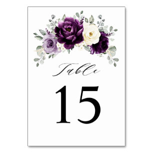 Eggplant Lila Plum Elfenbeinblütenhochzeit Tischnummer