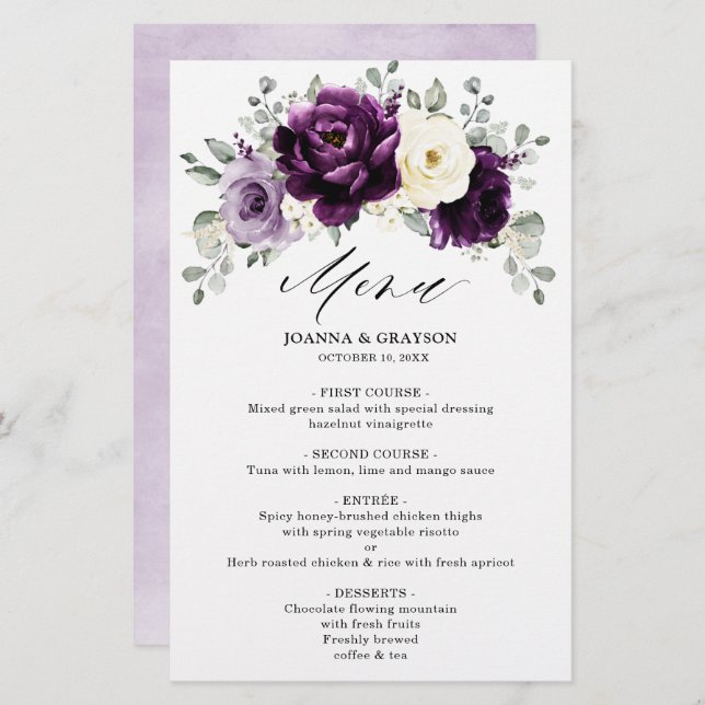 Eggplant Lila Plum Ivory Floral Wedding Menu (Vorne/Hinten)