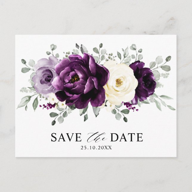 Eggplant Lila Plum Ivory Save the Date weiß Postkarte (Vorderseite)