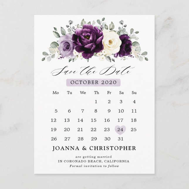 Eggplant Lila Plum Ivory Save the Date weiß Postkarte (Vorderseite)