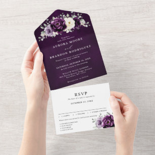 Eggplant Lila Plum Ivory White Floral Wedding Al All In One Einladung