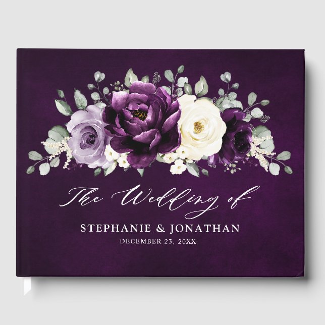 Eggplant Lila Plum Ivory White Floral Wedding Gu Gästebuch (Vorderseite)