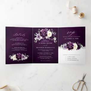 Eggplant Lila Plum Ivory White Floral Wedding Tr Dreifach Gefaltete Ankündigung