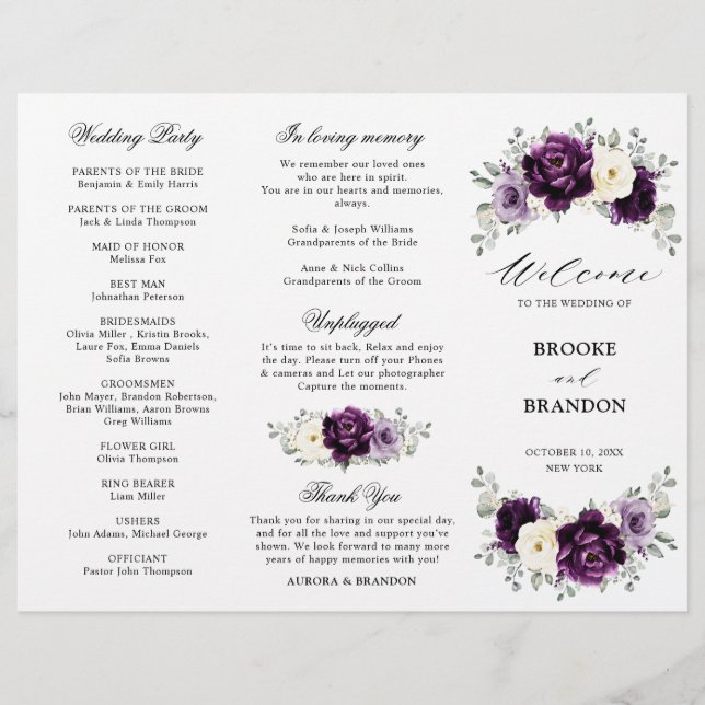 Eggplant Lila Plum Ivory White Tri-Fold-Programm (Vorderseite)
