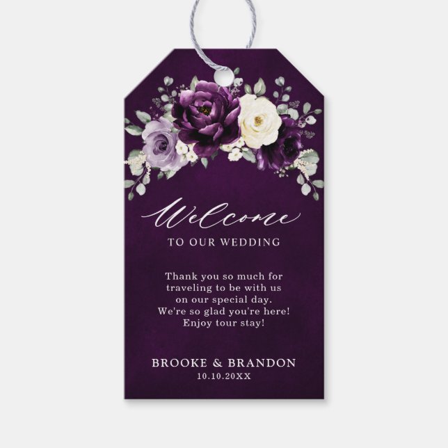 Eggplant Lila Plum Ivory White Wedding Willkommen Geschenkanhänger (Vorderseite)