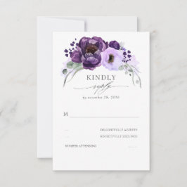 Eggplant Lila Silver Glitzer Blätter Hochzeit RSVP Karte