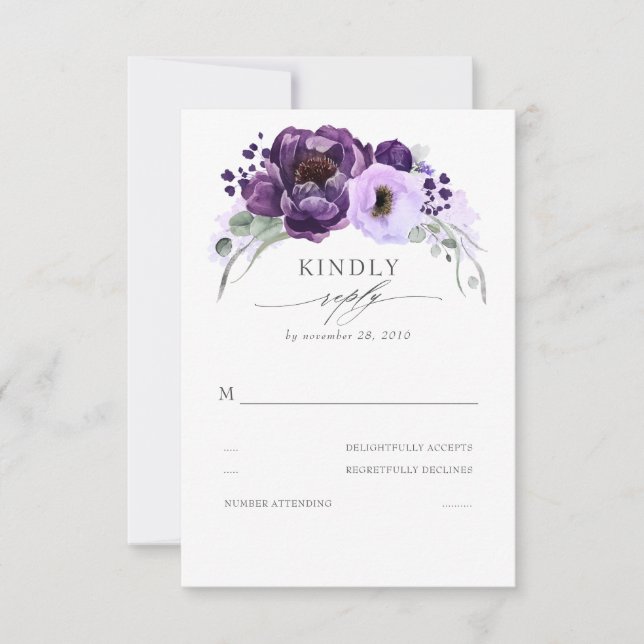 Eggplant Lila Silver Glitzer Blätter Hochzeit RSVP Karte (Vorderseite)