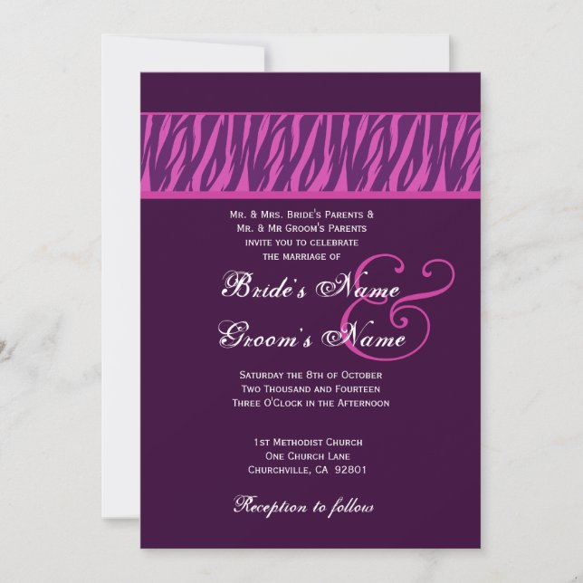 Eggplant Lila und Fuchsia Zebra Wedding Template Einladung (Vorderseite)