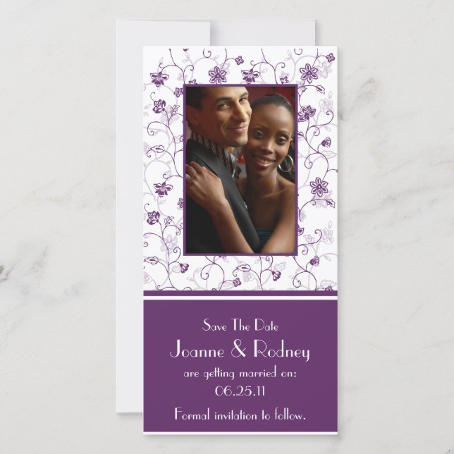 Eggplant Lila und weißes Foto Save the Date (Vorderseite)