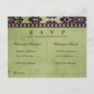 Eggplant Olive Damask Lace Wedding Double UAWG RSVP Karte