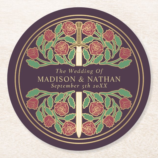 Eggplant Royal Medieval Gold Sword Wedding Runder Pappuntersetzer (Vorderseite)