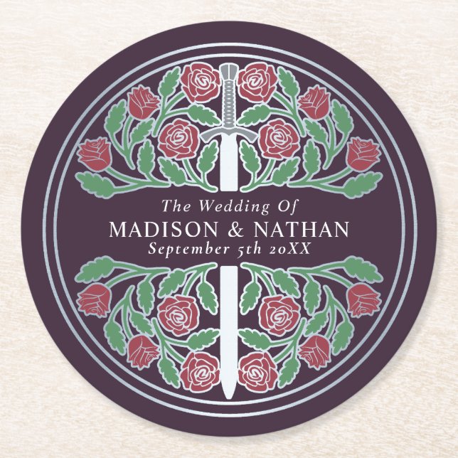 Eggplant Royal Medieval Silver Sword Wedding Runder Pappuntersetzer (Vorderseite)