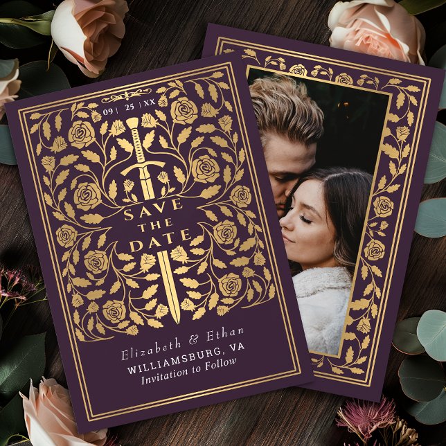 Eggplant Royal Medieval Sword Wedding Foto Save The Date (Von Creator hochgeladen)