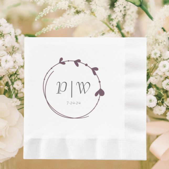 Eggplant Simple Heart Wreath Monogram Wedding Serviette (In Situ Wedding)
