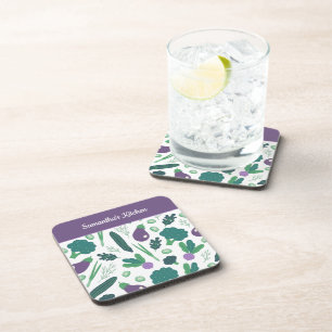 Eggplant und Broccoli Muster mit Lila Namen Getränkeuntersetzer