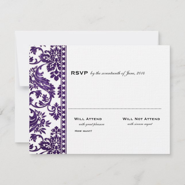 Eggplant Vintag Damask Lace Wedding RSVP Karte (Vorderseite)