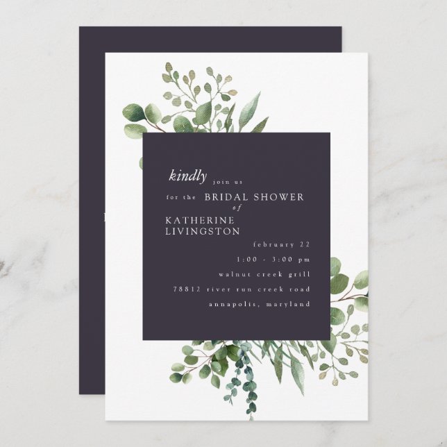 Eggplant & White Foliage Bridal Dusche Einladung (Vorne/Hinten)